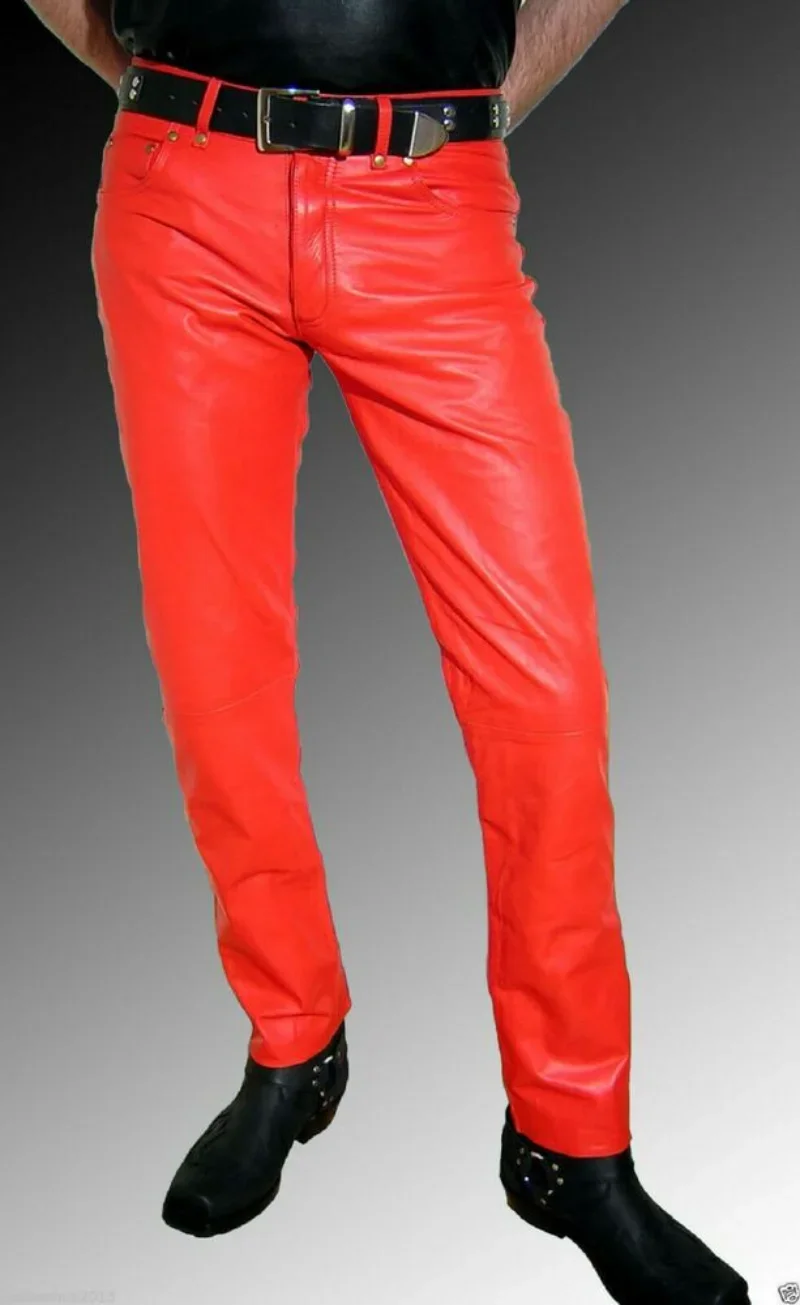 

Men Red Leather pant 100% Lambskin Leather Motorcycle Leather jeans Pants