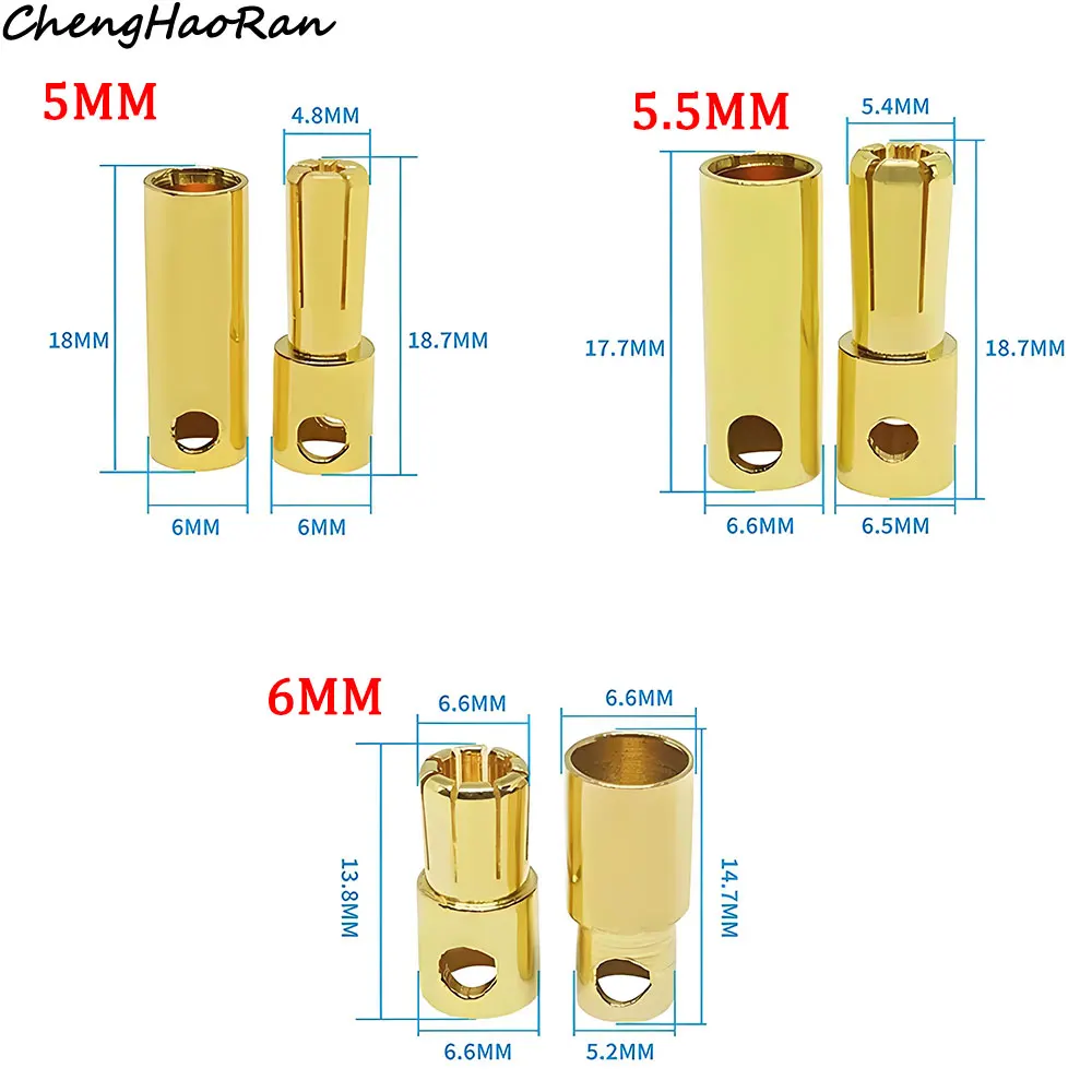 2 Pcs 2mm 3mm 3.5mm 4mm 5mm 5.5mm 6mm Banana Plug Gold Plated Copper Brushless Motor Bullet Connector For ESC Battery Wholeale