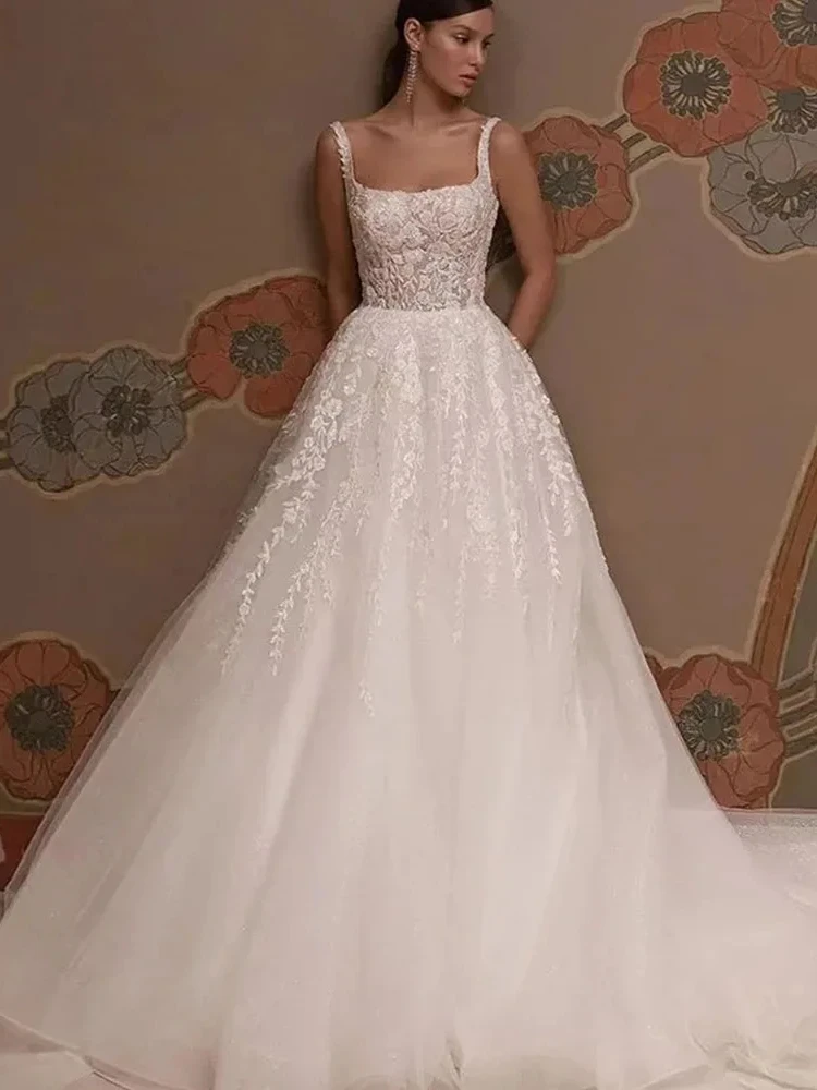 Classic Wedding Dresses A-Line Tulle Bridal Gowns Lace Appliques Square Collar Sleeveless Robes Vestidos De Novia Customized 4