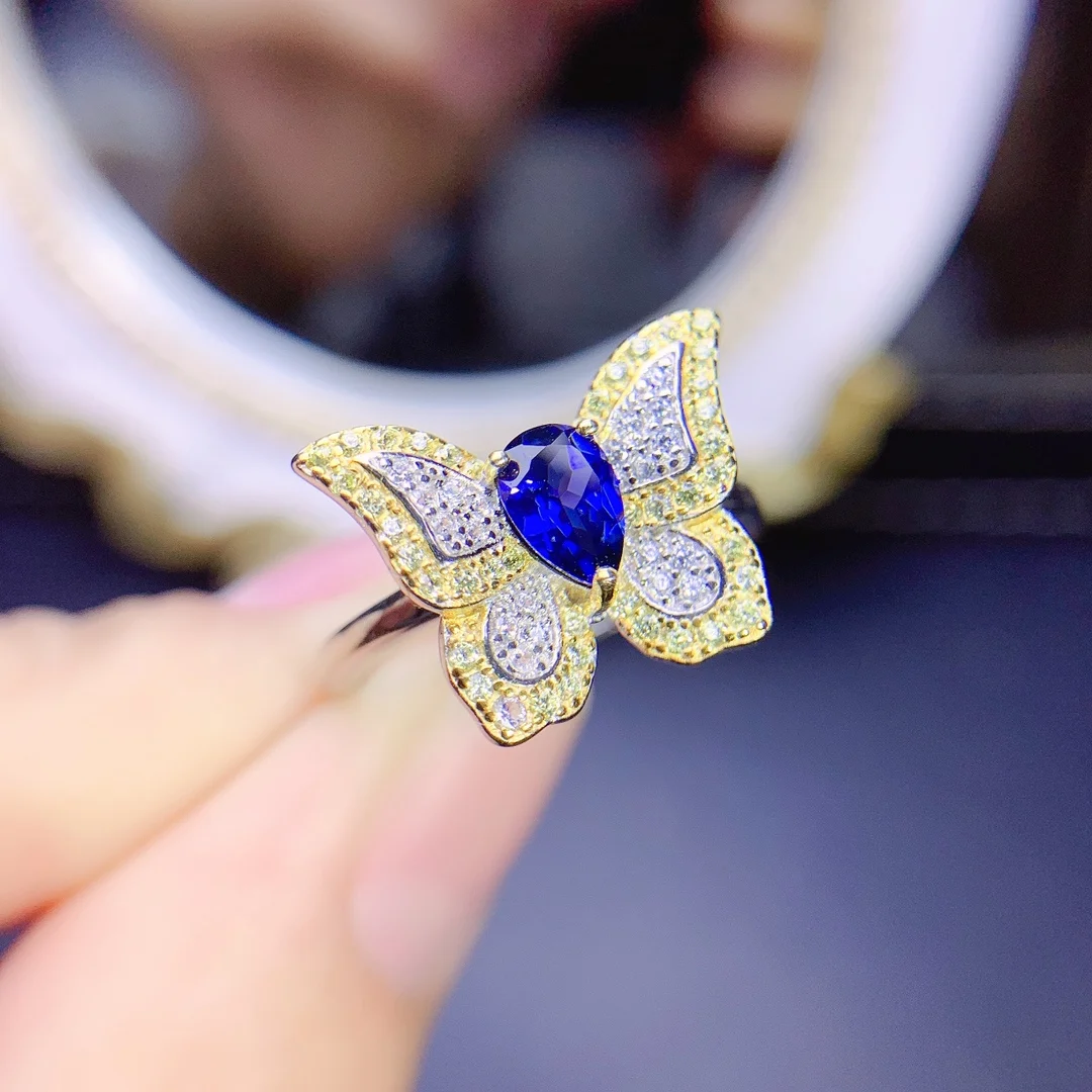 

FS Fashion S925 Sterling Silver Natural Sapphire Butterfly Ring With Certificate Fine Charm Wedding Jewelry for Women MeiBaPJ