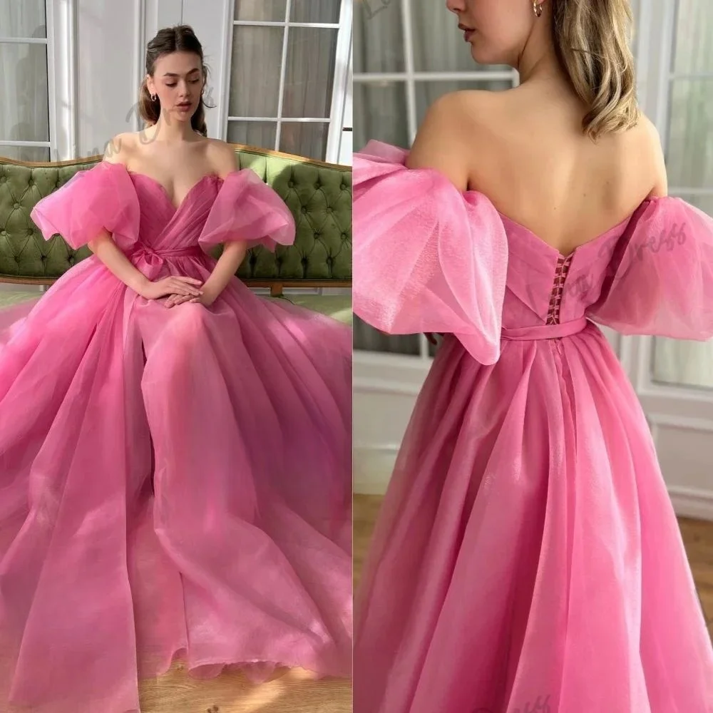 

Off the shoulder formal evening gown with organza pendant custom occasion dress in a minimalist modern style