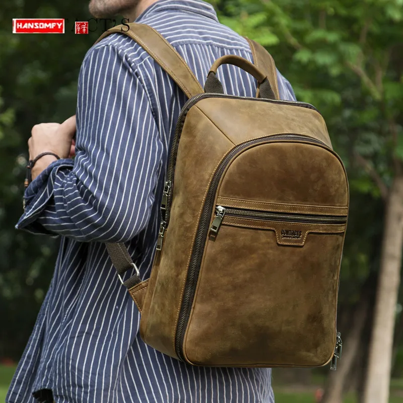 

Retro Crazy Horse Leather Trendy Men's Backpack Fashion Man Large Capacity Travel Computer Backpacks Shoulder Bag