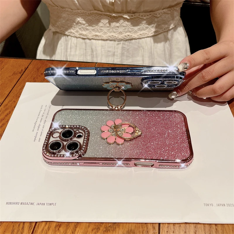 Luxury Plating Flash Diamond Frame Glitter Phone Case with Holder Stand Cover