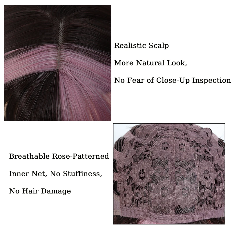 Synthetic Cosplay Wig Pink Highlighted Wig Long Straight Hair with Bangs Heat - Resistant for Women Cosplay & Daily Wear