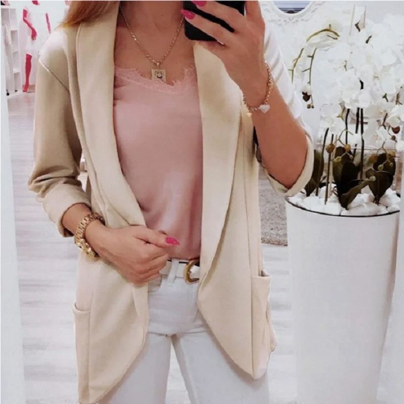 Simple Slim Blazer with Pocket Women Solid Colors Buttonless Lapel Casual Office Blazer 2021 Lady New Work Wear Formal Clothing