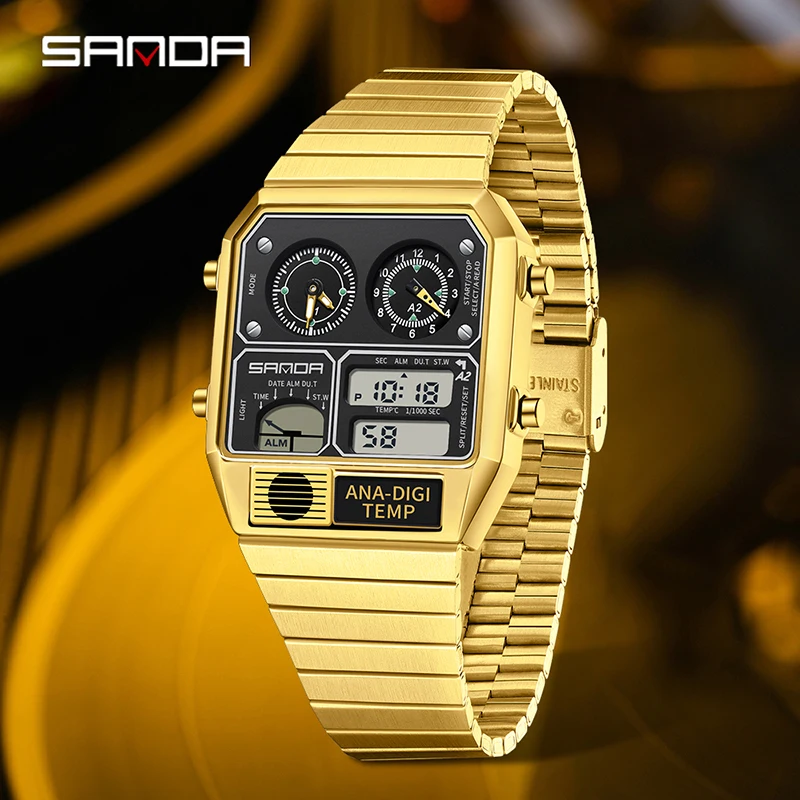 SANDA 3192 LED Electronic Square Watch for Men Hot-selling Casual Multi-function Thermometer Stopwatch Chronograph Mens Watches