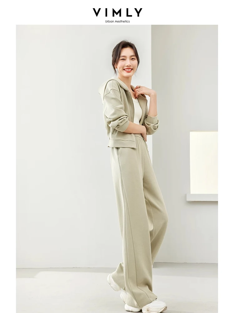 Vimly Grey 2 Piece Sets Womens Outfits Hooded Zipper Short Jacket Wide Leg Pant 2024 Spring Casual Tracksuits Set Women M5953