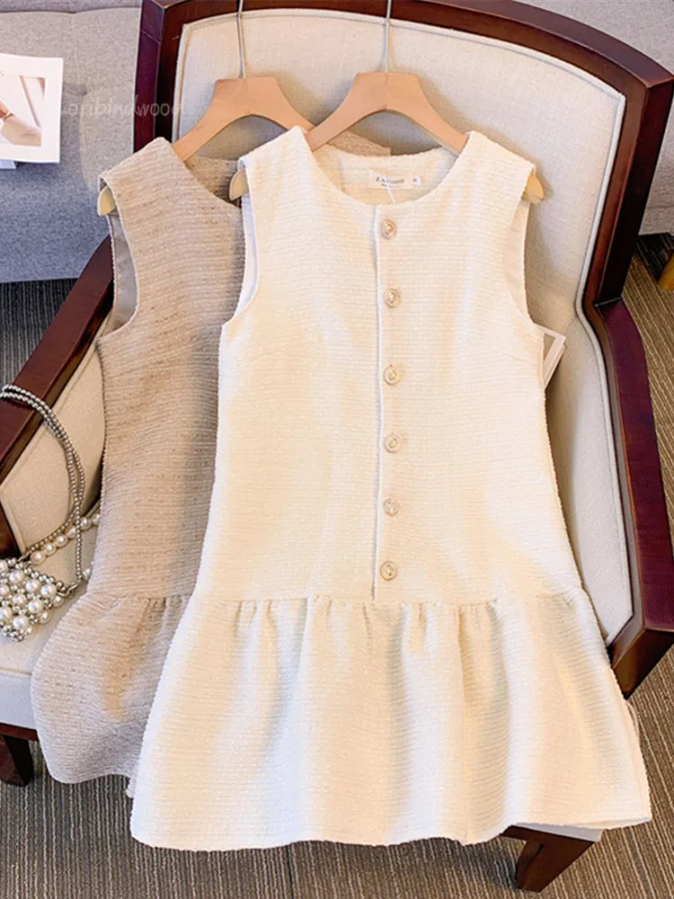

French High-End Light Luxury Temperament Elegant Tweed Dress For Women Sleeveless O-Neck Small Fragrance Woolen Dresses