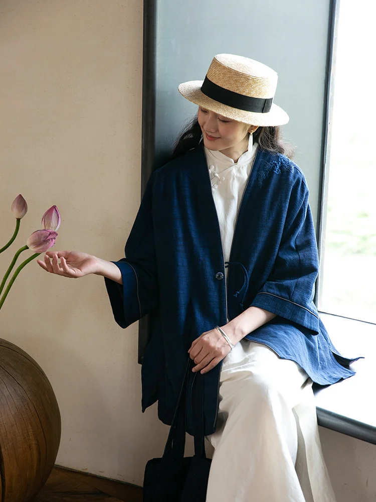

Women's loose colored woven linen outerwear in autumn[Invisible striped embroidered short jacket]210829