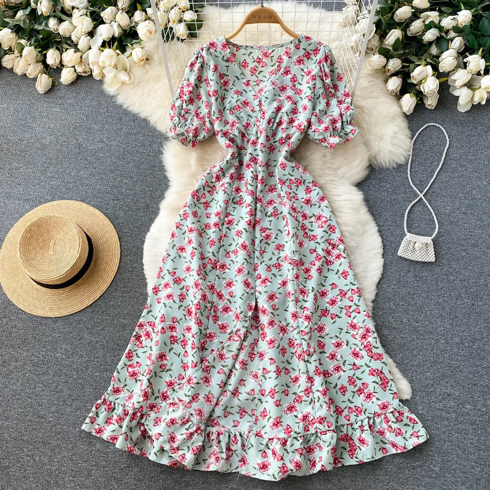 

Small Fresh Floral Square Neck Dress New Gentle Style First Love with Waist and Thin Temperament Slit Long Dress