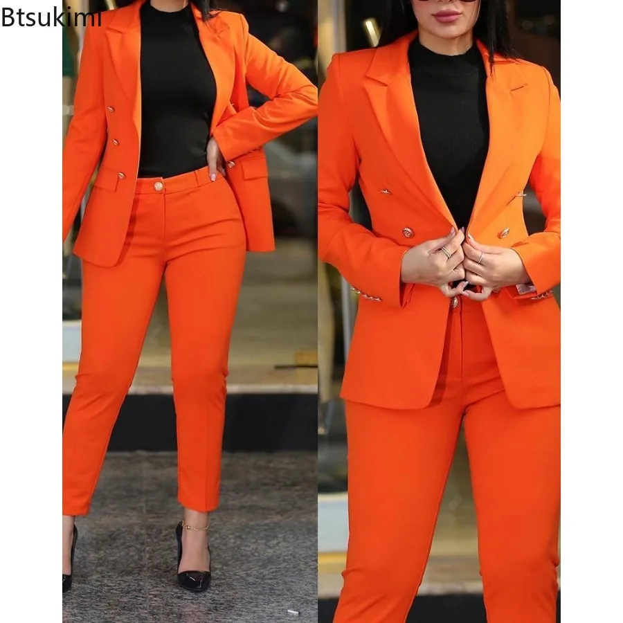 Orange Woman's Two Pieces Set 2023 New in Casual Business Double Breasted Blazers Jacket Pants Elegant Ladies Formal Pant Sets