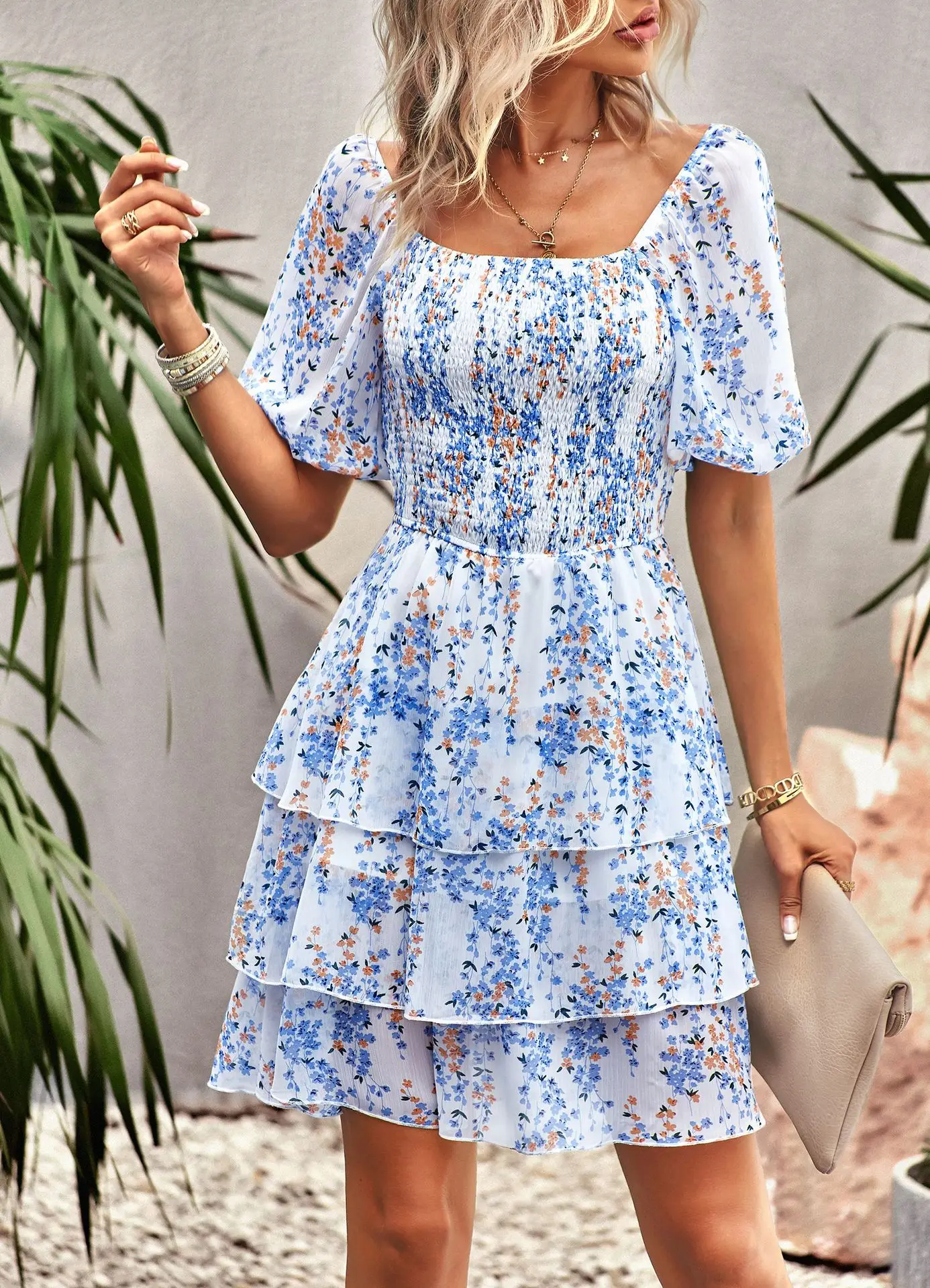 

Floral Print Mini Summer Dress Women 2023 Puff Short Sleeved Aline Chiffon Robe Bohemian Square Collar Chic Dresses Smocking