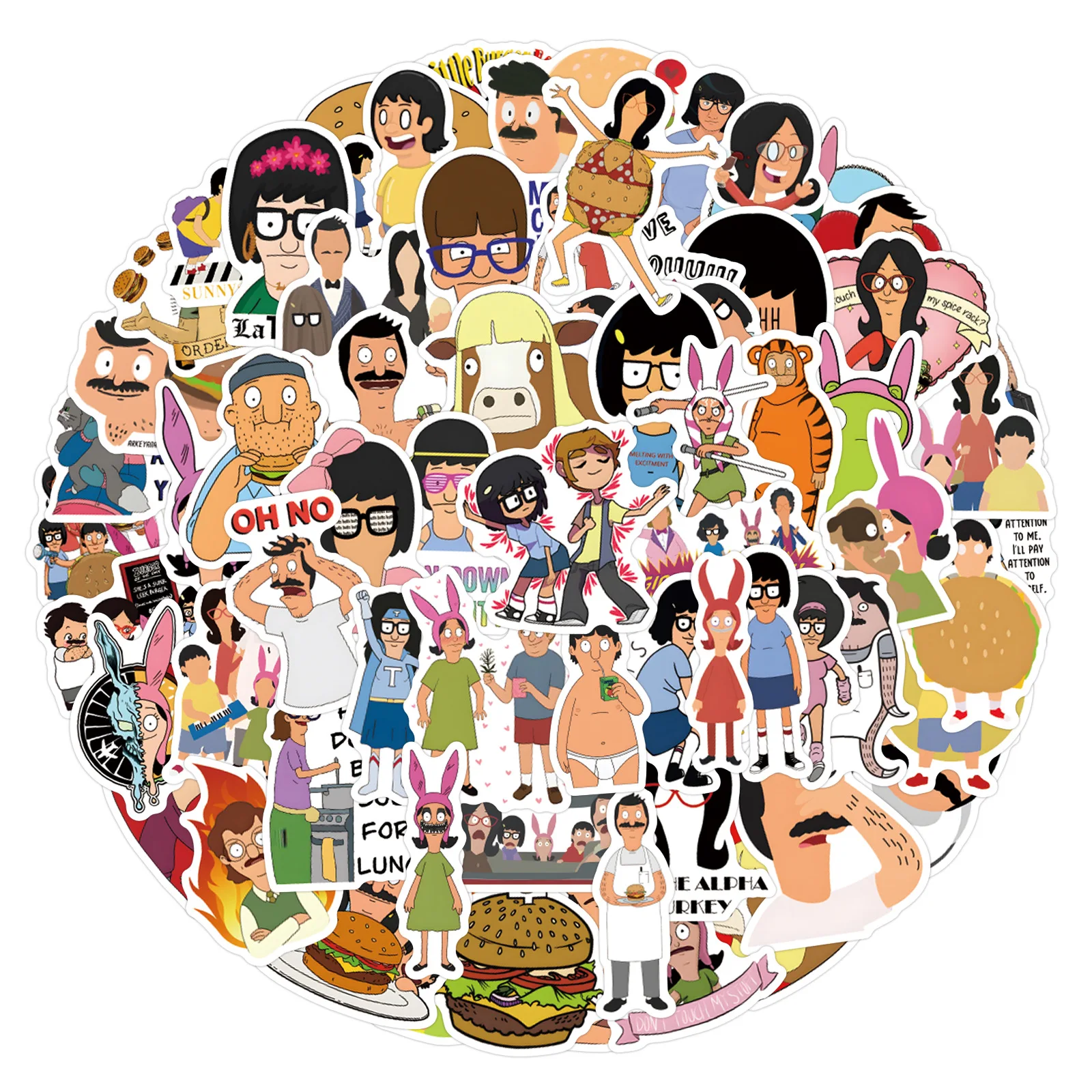 110PCS Bobs Burgers Graffiti Sticker Pack - Creative Decals for Luggage, Laptop, Phone, Guitar, Car, Bike, and Skateboard