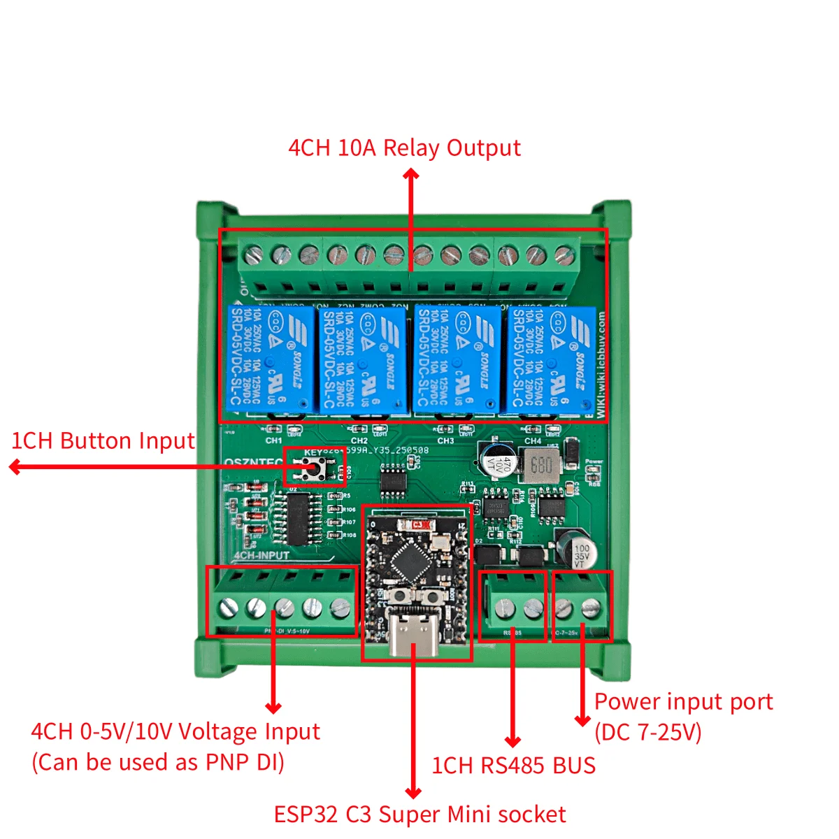 DC 7-24V ESP32-C3 ���� �̴� Ȯ�� ���� Arduino WEB MQTT �̴��� ��Ʈ��ũ IOT �� 4AI-4DO RS485 ������ ���