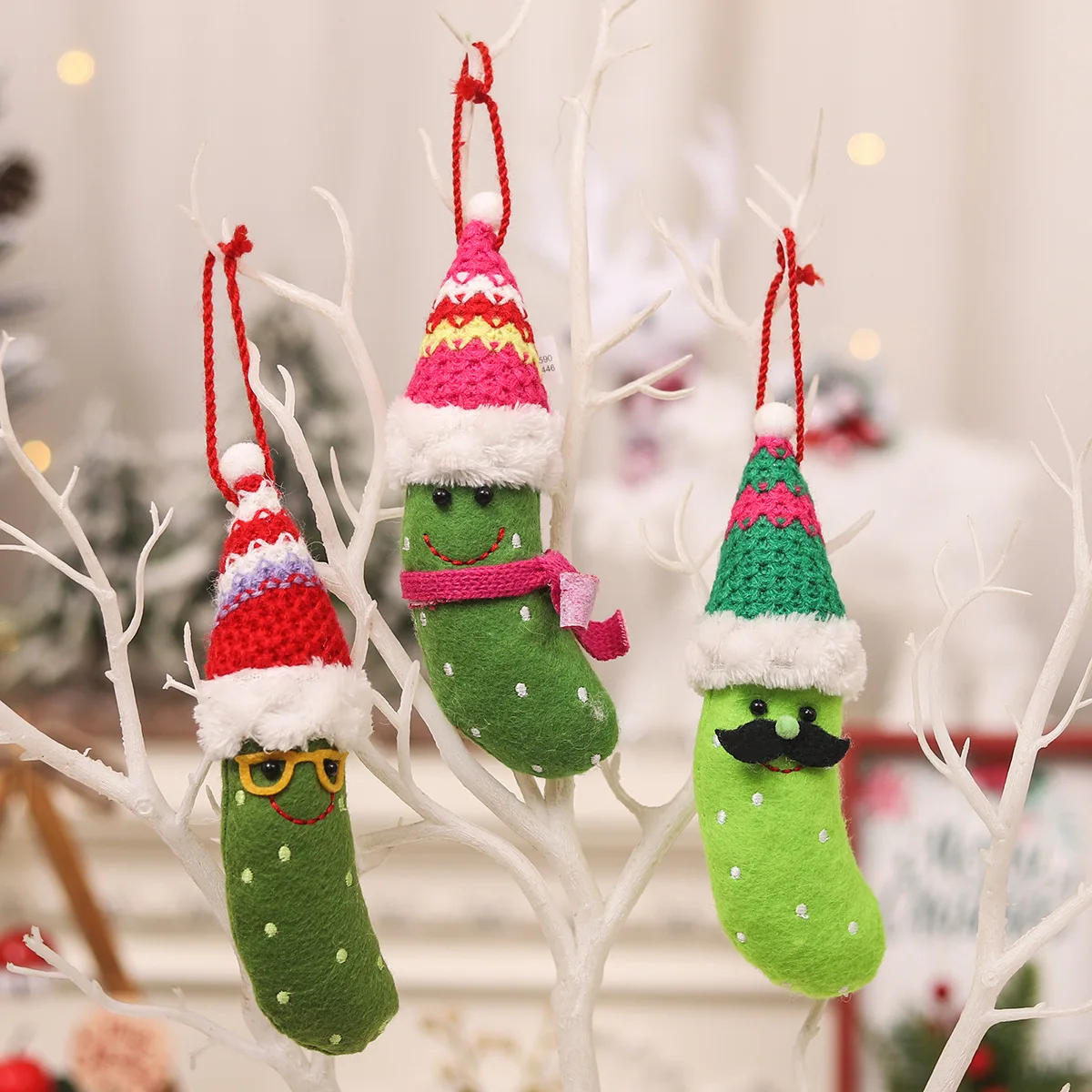 3pcs Christmas Hat Pickle Cloth Party Decoration Cartoon Old Pickled Pendant With Doll Pendant Green Cucumber Vegetable Man Hat