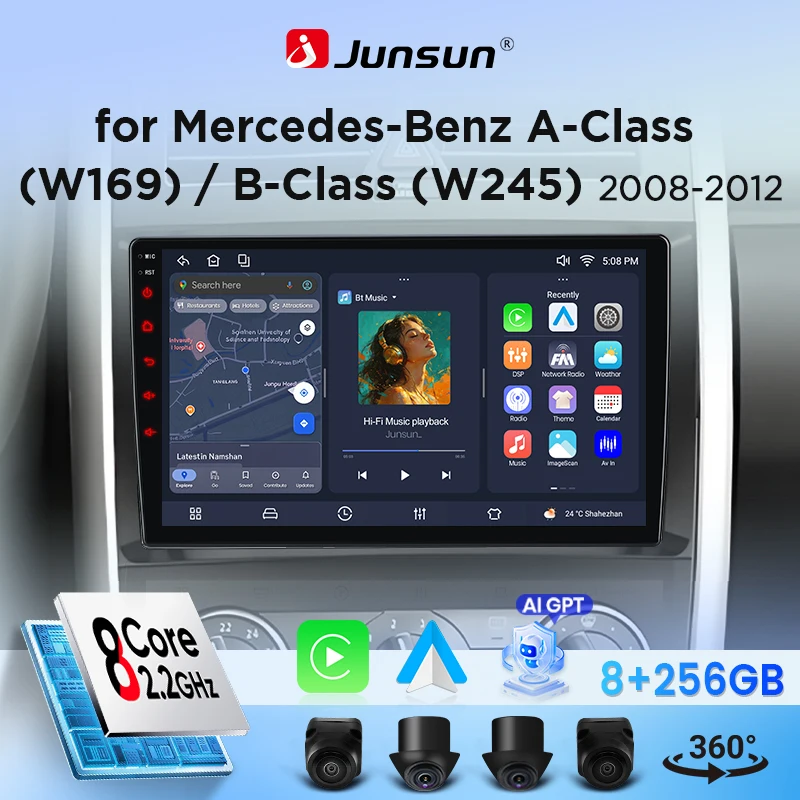 Radio de coche Junsun con CarPlay inalámbrico y Android Auto para Mercedes-Benz Clase A (W169) / Clase B (W245) 2008-2012, con ventilador de refrigeración incorporado, navegación GPS Android, reproductor multimedia, WiFi, DSP, RDS, BT, SWC, pantalla táctil IPS, unidad principal de autorradio estéreo. 1