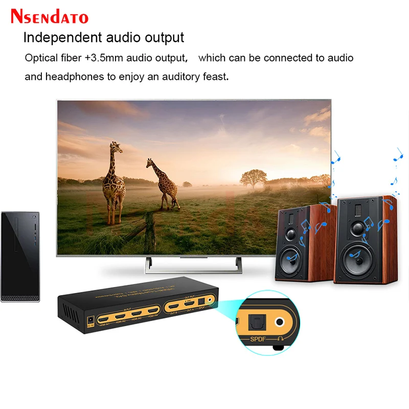 UHD 4K*2K HDMI True Matrix 6x2 4k HDMI Switch Splitter Box Support W/IR ARC SPDIF 3.5mm 3D HDTV 6 In 2 Out HDMI Audio Extractor