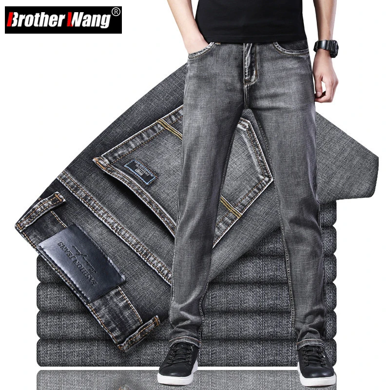 Classic Style Summer Men's Thin Grey Jeans Business Fashion High Quality Stretch Denim Straight Pants Male Brand Trousers