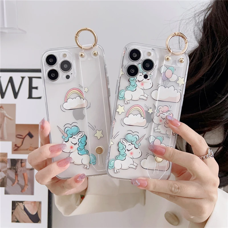 

Toy New Disney Hellokitty Mickey Unicorn Holder Wristband Case for IPhone 11 12 13 14 15 Pro Max Plus Phone Cover Shell Gift
