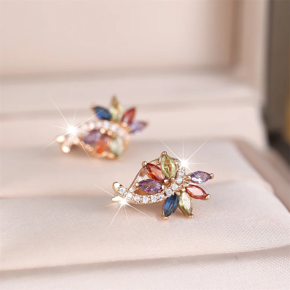 Multicolor Zircon Marquise Stone Flower Hoop Earrings For Women Vintage Gold Color Ear Buckle Wedding Jewelry Engagement Gifts