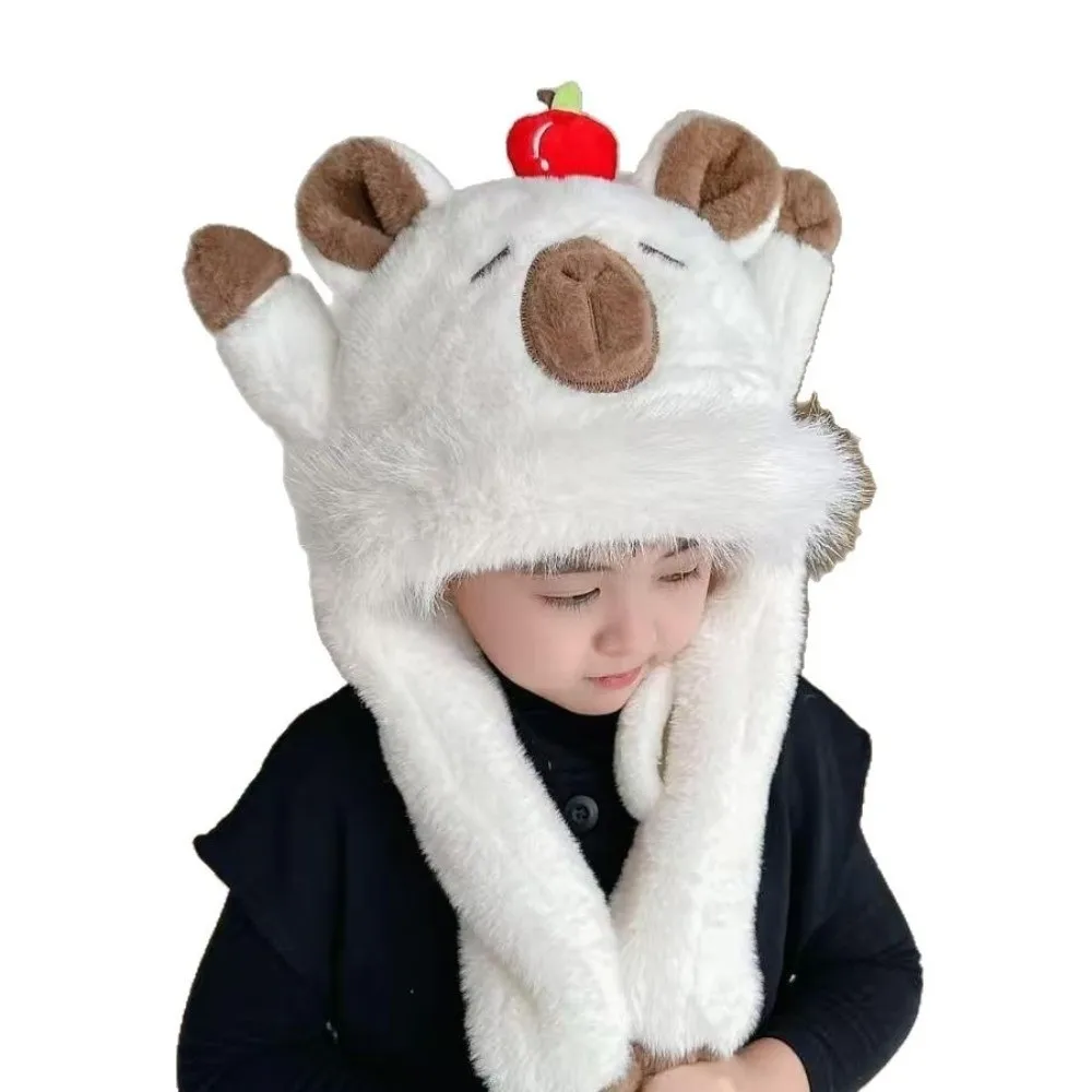 New Cute Capybara Warm Hat Windproof Cold Proof Ear Protection Cap with Movable Ears Hooded Hat Scarf Children