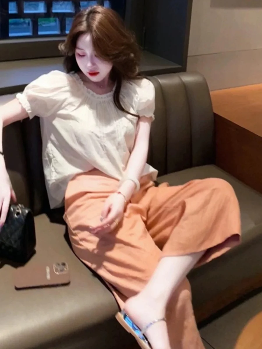 세련된 소금 시스템 여성 여름 복장 유휴 스타일 셔츠 넓은 다리 바지 투피스 양복 하이 엔드 Feelshirtbell Bottoms