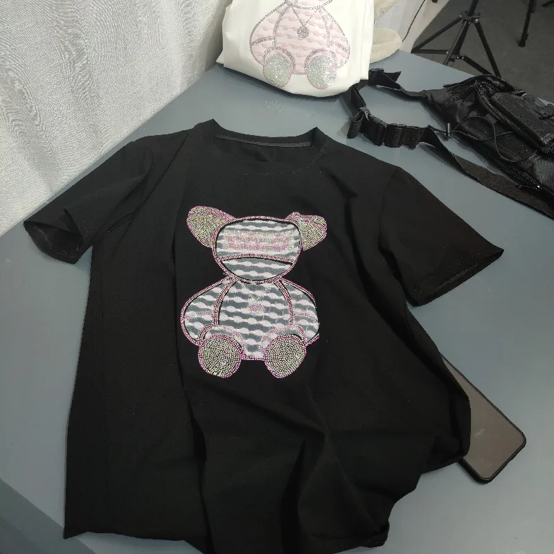 

Trendy fashion summer new women's all-match round neck hot diamond print T-shirt