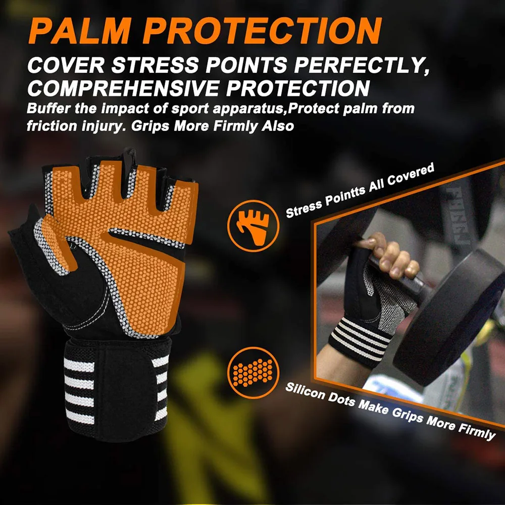 1Pair Half Finger Gym Fitness Gloves with Wrist Wrap Support for Men Women Crossfit Workout Power Weight Lifting Equipment 4