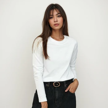 Cotton Long Sleeve Tops Solid Woman Clothing O-neck 220 Grams Heavy T-shirt Y2k Comfortable Casual Tee Fall Winter Shirt YH2531 1