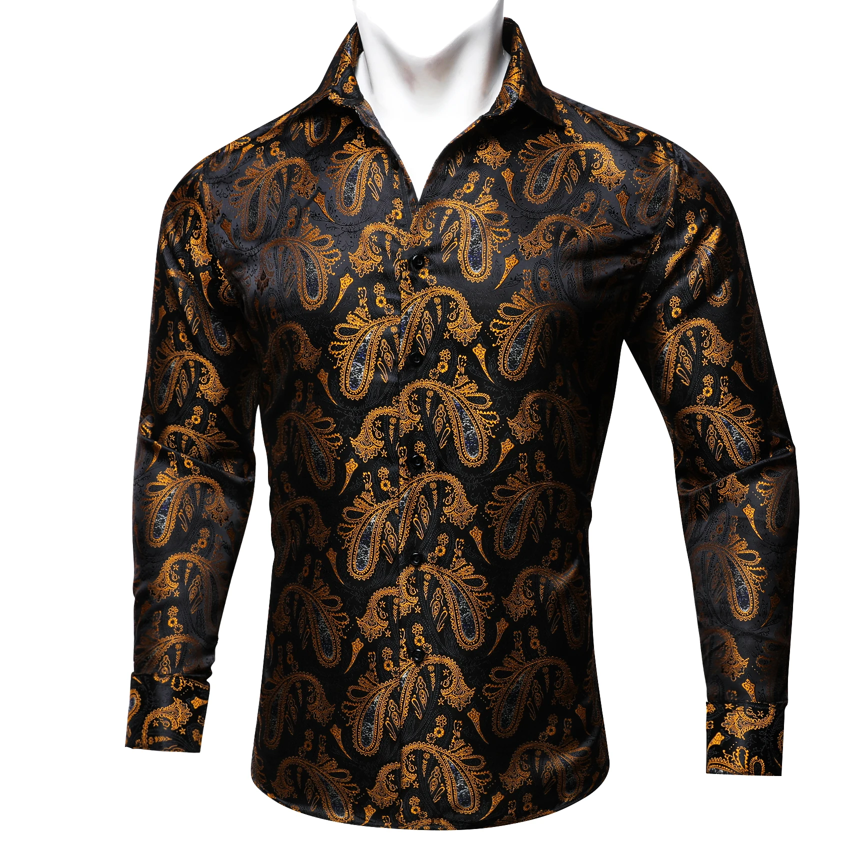 

Designer Men Shirts Spring Black Gold Paisley Embroidered Slim Casual Single Breasted Long Sleeve Men Cloth Tops Barry Wang