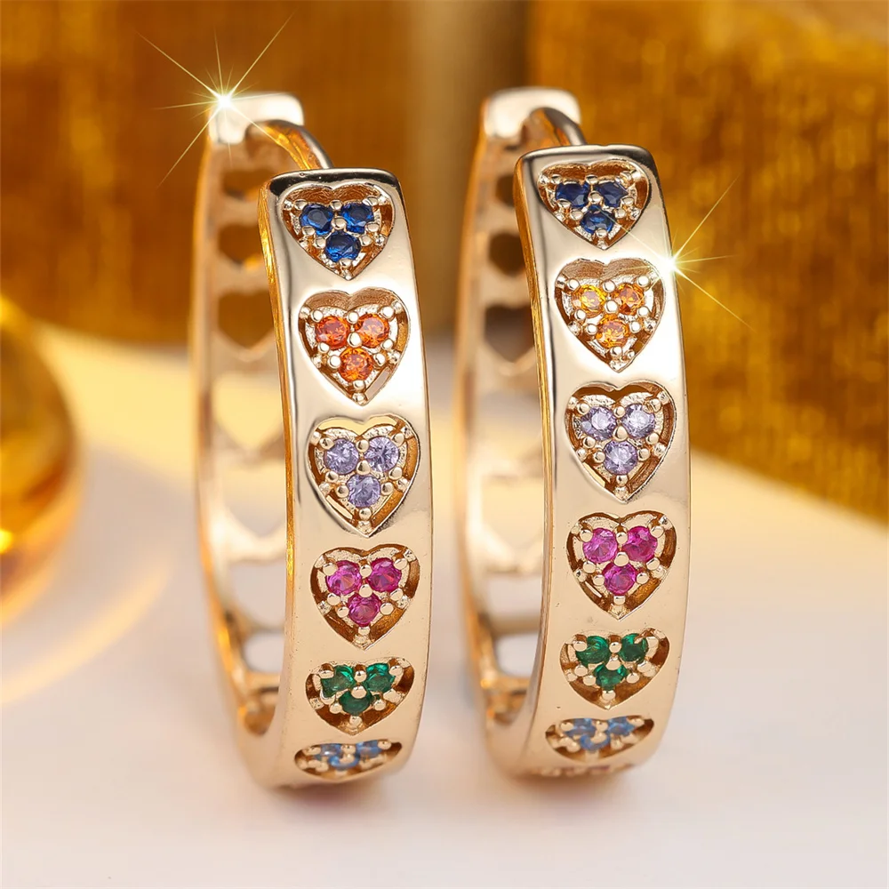 Single Row Love Heart Rainbow Zircon Round Stone Hoop Earrings For Women Vintage Gold Color Tiny Ear Buckle Wedding Jewelry Gift