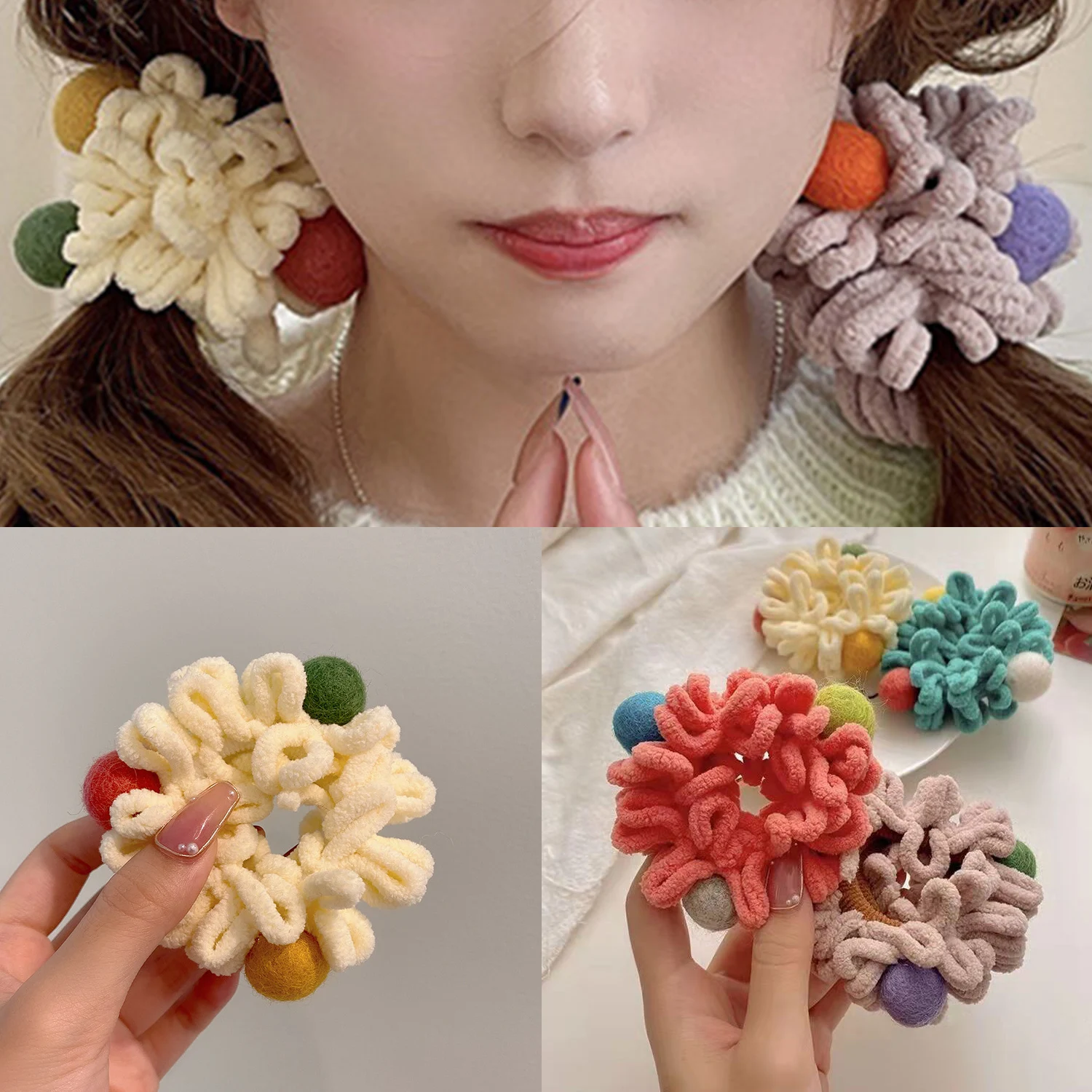 

Winter Cute Sweet Fluffy Hair Ring Handmade Wool Plush Colorful Round Ball Hair Ties High Elastic Ponytail Hair Rope For Girls