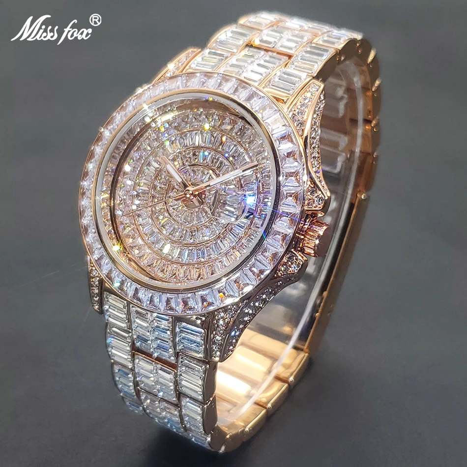 MISSFOX orologio da uomo Hip Hop Luxury Ice Out orologi in oro rosa con diamanti completamente alla moda orologio da uomo impermeabile in acciaio inossidabile regalo 2022