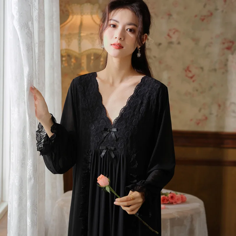 

Long Sleeve Mesh Nightdress Long Women's Spring Palace Style Lace Princess Nightdress Loose Size V-neck Can Be Worn Out In Autum
