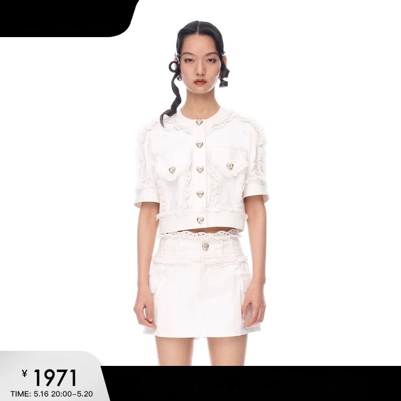 Le 명성/Lafem 봄 2023 새로운 흰색 닳은 데님 자수 대조 천 반소매 겉옷