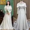 French Vintage High Neck Wedding Dress Long Sleeves Satin Appliques Beading A Line Customized Hepburn Zipper Retro Bridal Gowns 1