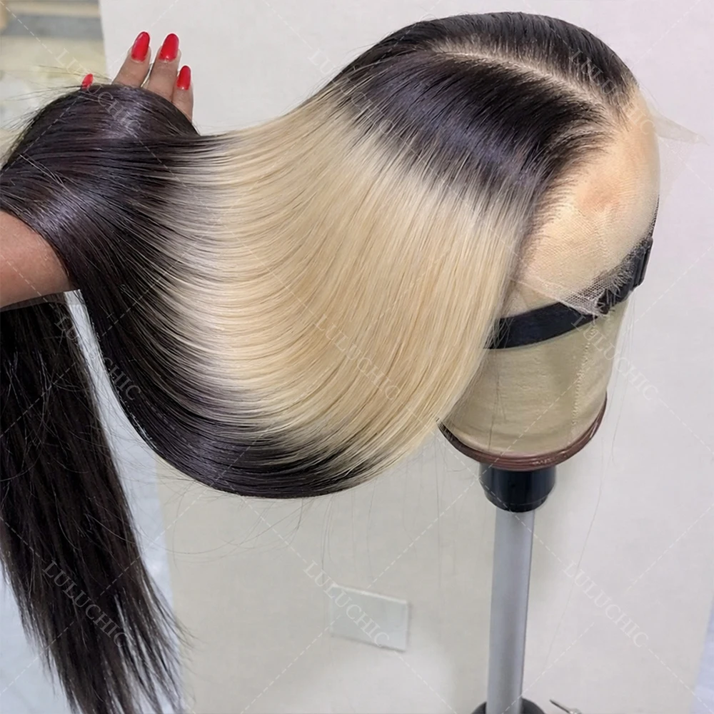 Perruques vietnamiennes Super Double Drown Blonde Highlight 4×4 Lace Frontal Bone Straight en cheveux humains, avec fermeture en dentelle HD 4×4, sans colle
