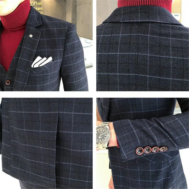 Luxury Men Slim Fit Check Suit Men Business Office Formal Suits 3 Pcs Set Blazers Pant Casual Wedding Social Tuxedo Dress Homme