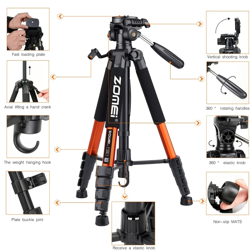 조메이 187cm 알루미늄 합금 삼각대, 360 ° 파노라마 휴대용 카메라 스탠드 (DSLR 캐논 니콘 스마트폰 사진 촬영용)