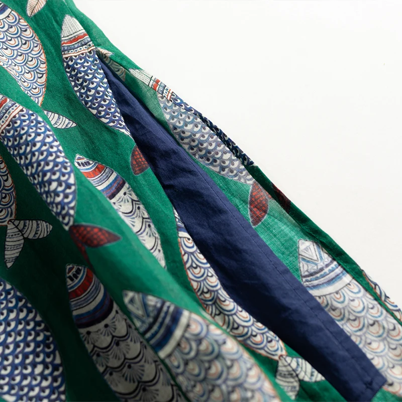 السمك منقوشة طباعة خمر القطن الكتان س الرقبة أكمام...