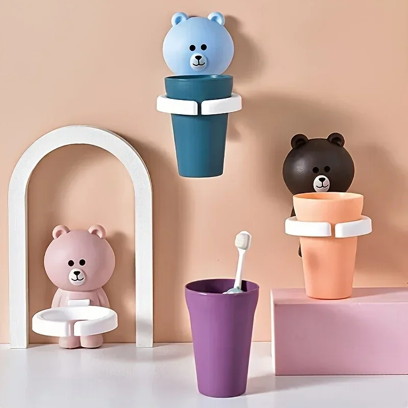 1 PC Cartoon Bear Pattern Tootbrush Holder With Gargle Cup, WallMounted Tootbrush Storage Rack, Storageket Cut