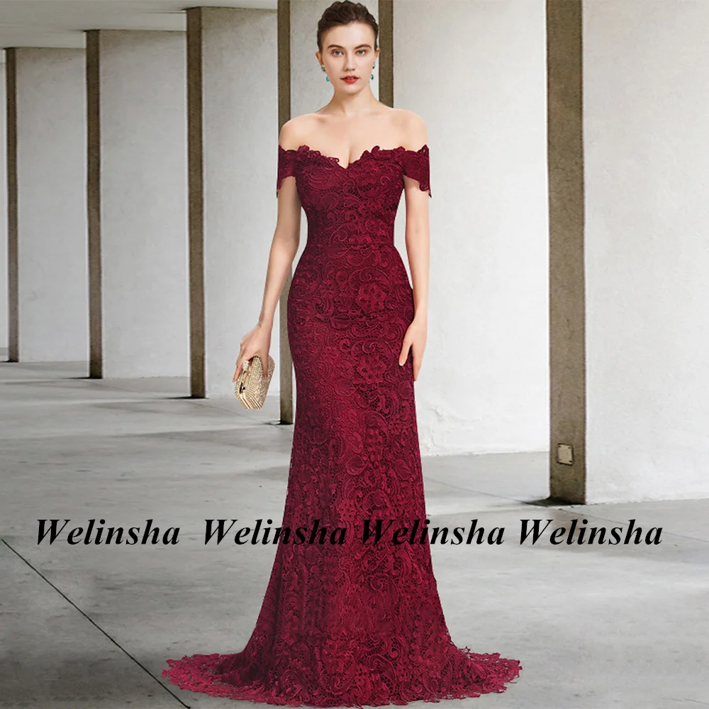 Dark Red Lace Mother of The Bride Dress Elegant Off The Shoulder V Neck Sweep Train Mermaid Wedding Guest Gown Evening Dresses