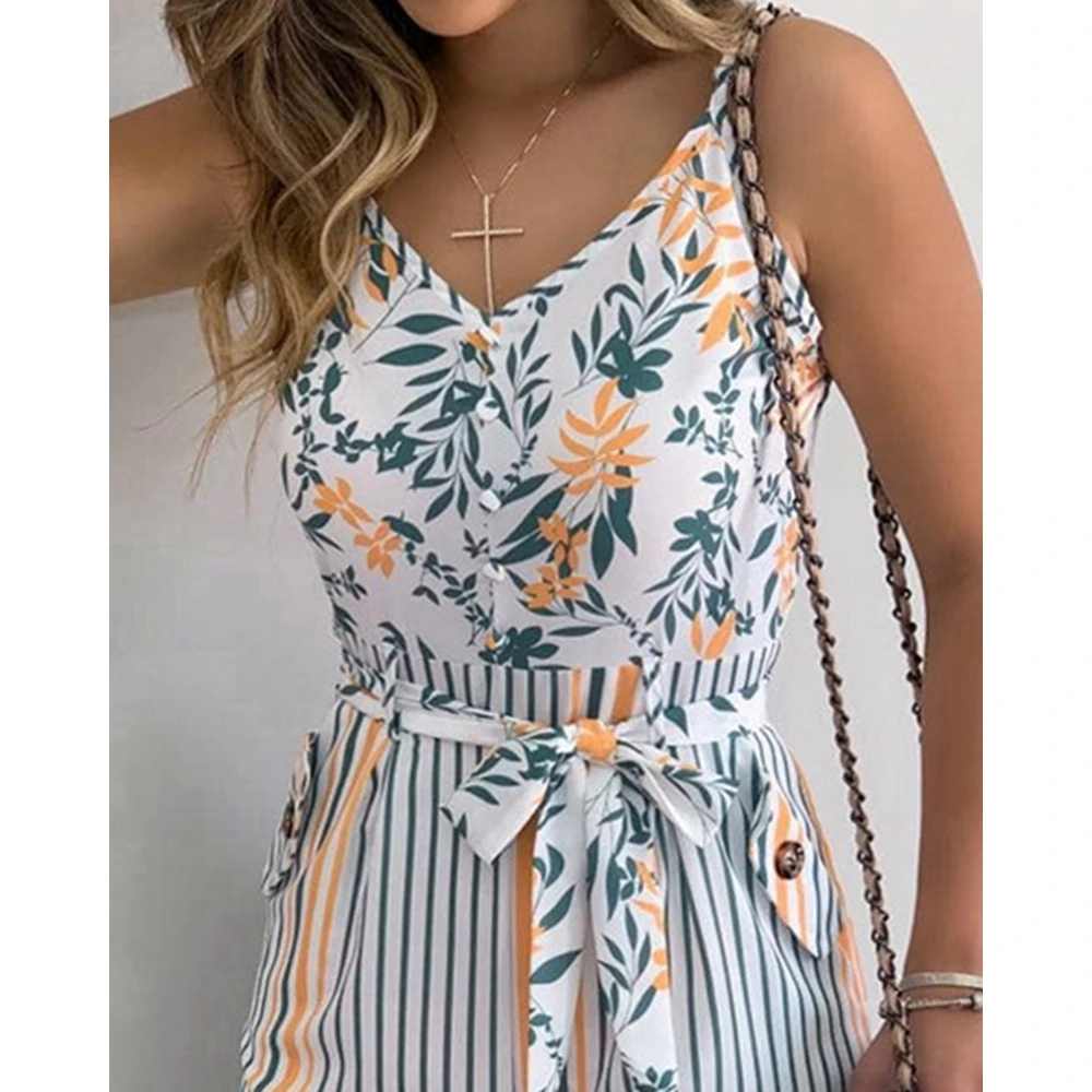 Summer Women Floral Print V-neck Romper Casual Spaghetti Strap Playsuits with Belt Casual Vacation Boho 2024 Women Beach Outfits