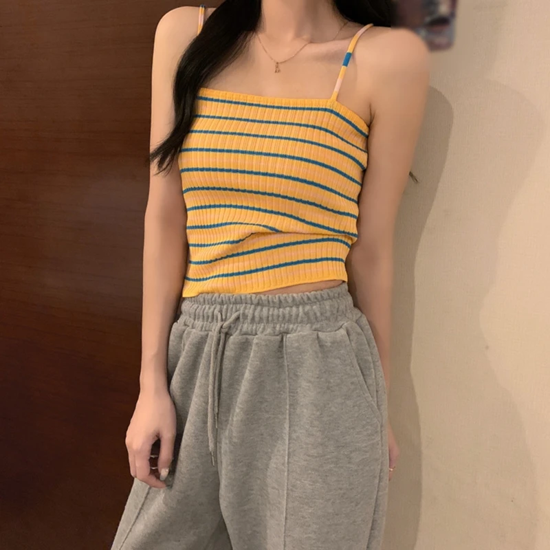 Korea Style Colorblock Striped Camisole Female Summer Cross Strap