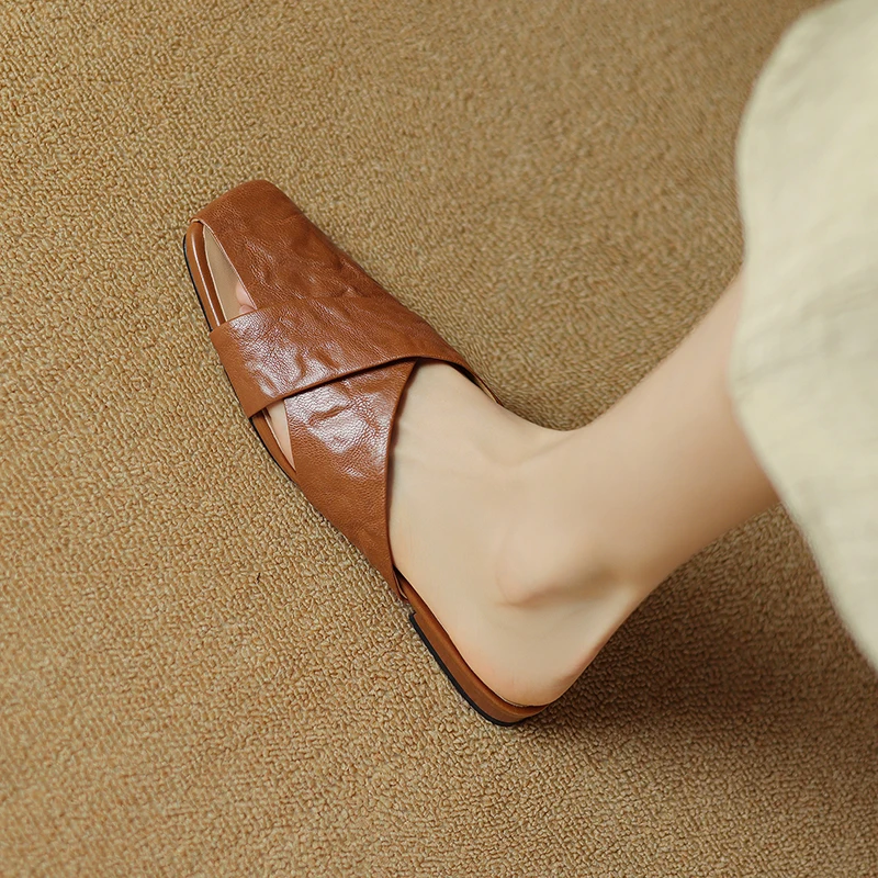 Genuine Leather Women Slippers Fashion Elegant Office Slip on Flat Shoes Ladies Mature Summer Beach Shoes Women Pumps 2024 New