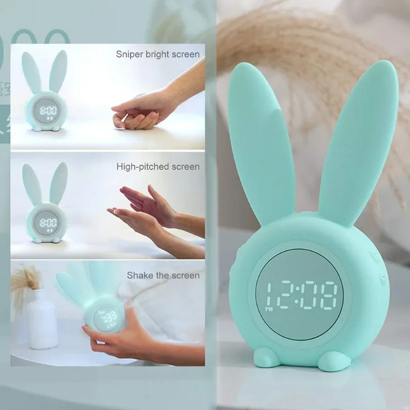 Veilleuse et réveil à détection de lapin mignon en silicone, synchronisation sensible au son