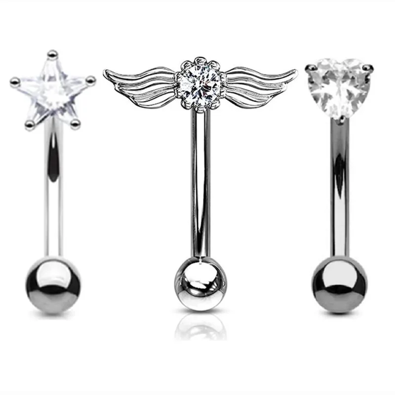Elegant Heart Crystal Curved Barbell & CZ Star Eyebrow Ring Set - 3-Piece Collection