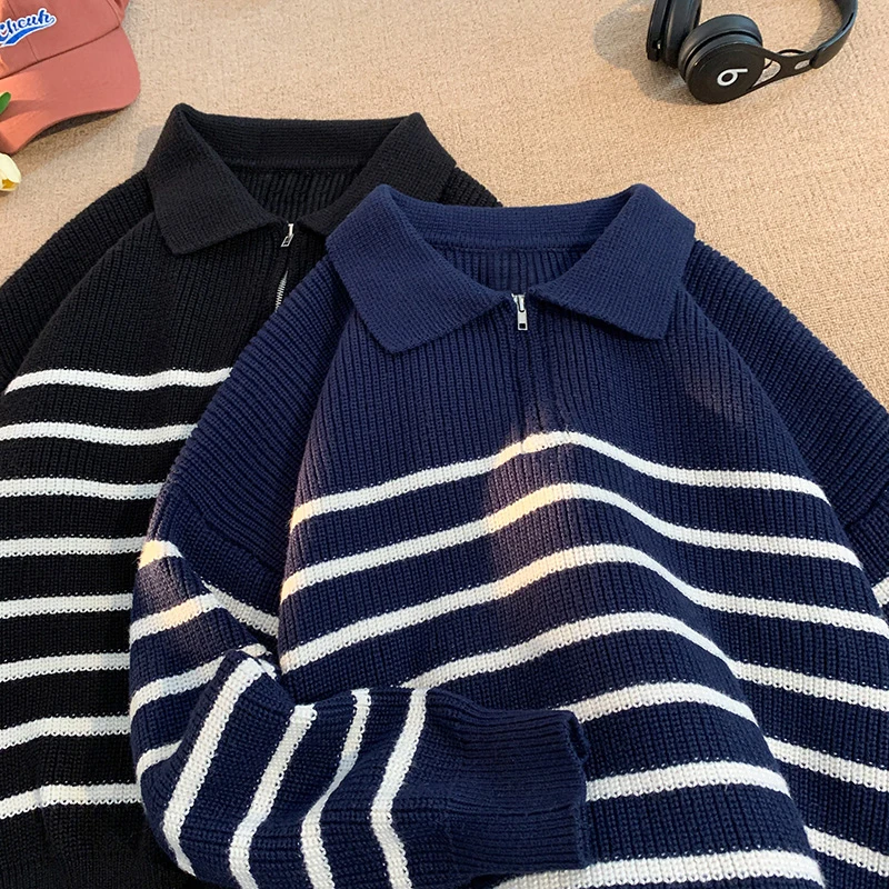Autumn Winter New Lapel Neck Sweater Men's Korean Slim Fit Knitted Pullovers Striped Casual Bottoming Shirt Sweater D102