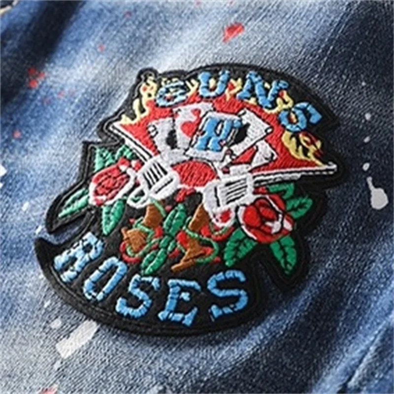 EH·MD® Men's Embroidered Rose Micro Chapter Jeans Shorts Cropped Pants Cotton Red Ears Breathable Soft Elastic Summer Ink Splash