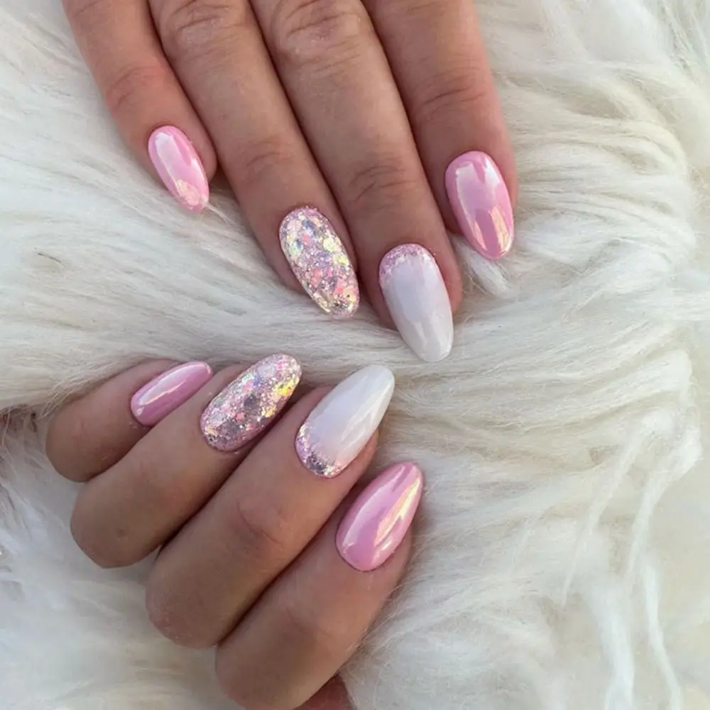 

French False Nails Manicure Long Oval Cloud Star Fake Nials Pink Detachable Nail Tips Women